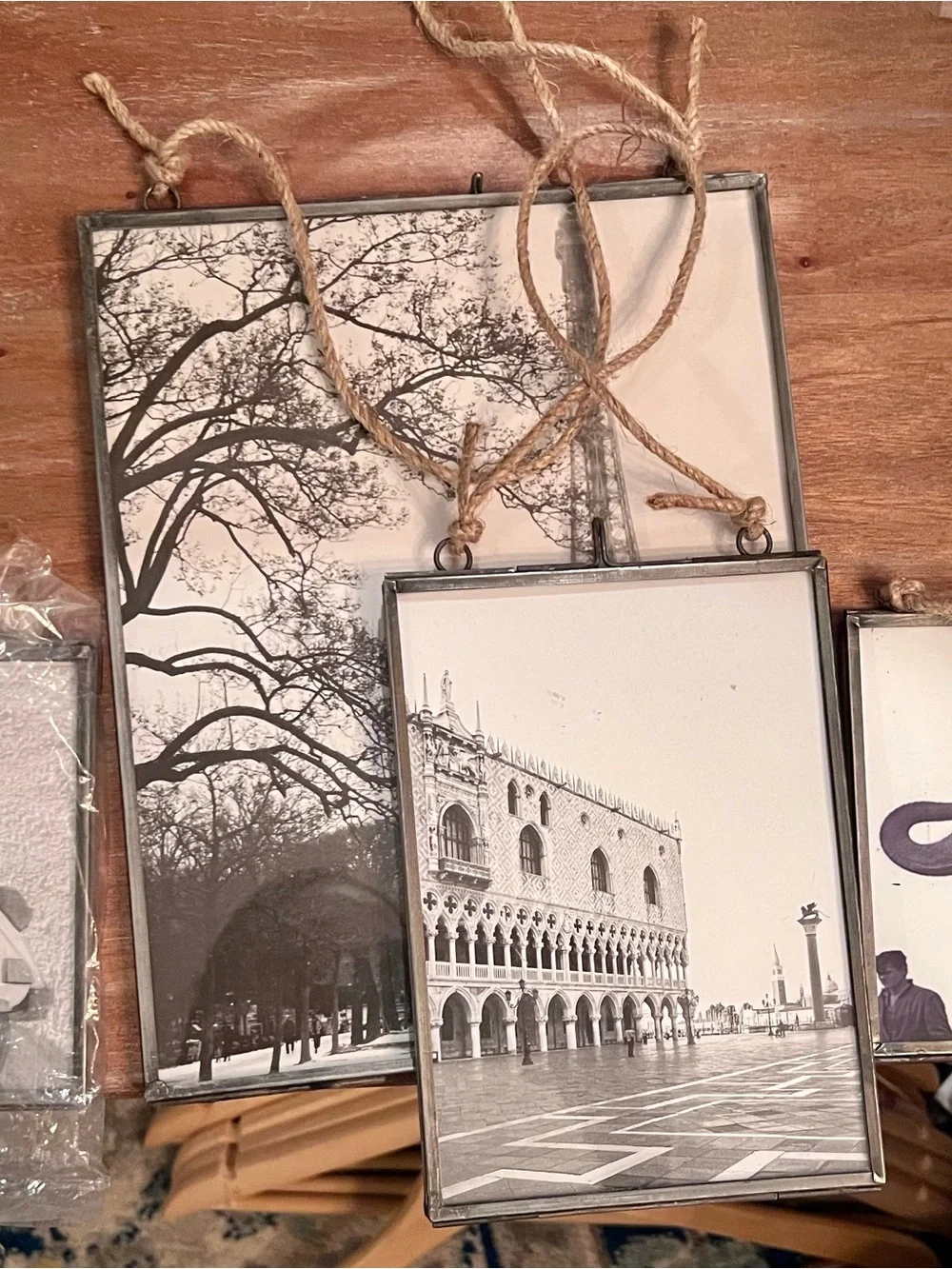 Set of 7 Cost Plus World Market Black & Cream Hanging Photo Frames with Rope
